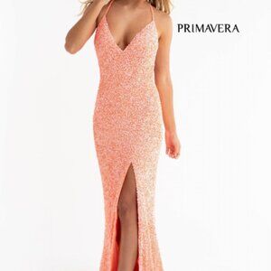 Primavera Couture Neon Coral Sequin Prom Dress 3921